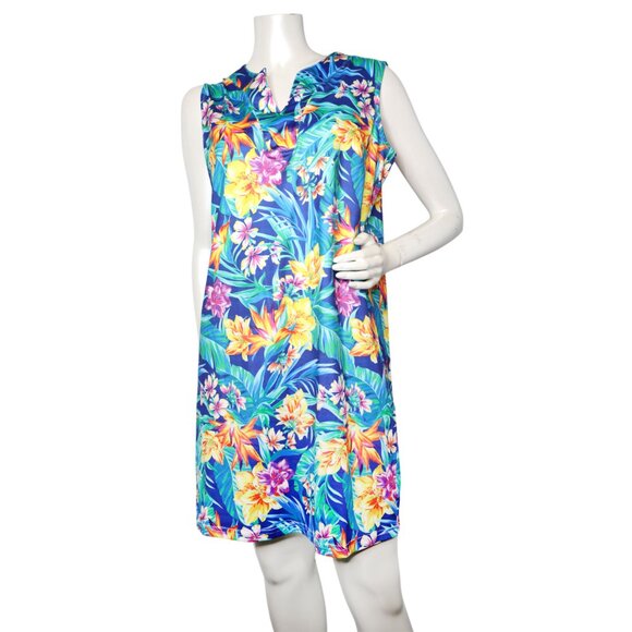 Caribbean Joe Tropical Floral Stretch Shift Dress Sleeveless Resort Beach Blue - Picture 12 of 12